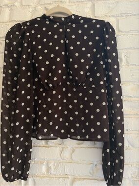 Rene Ruiz Black Polka Dot Long-Sleeve Peplum Blouse